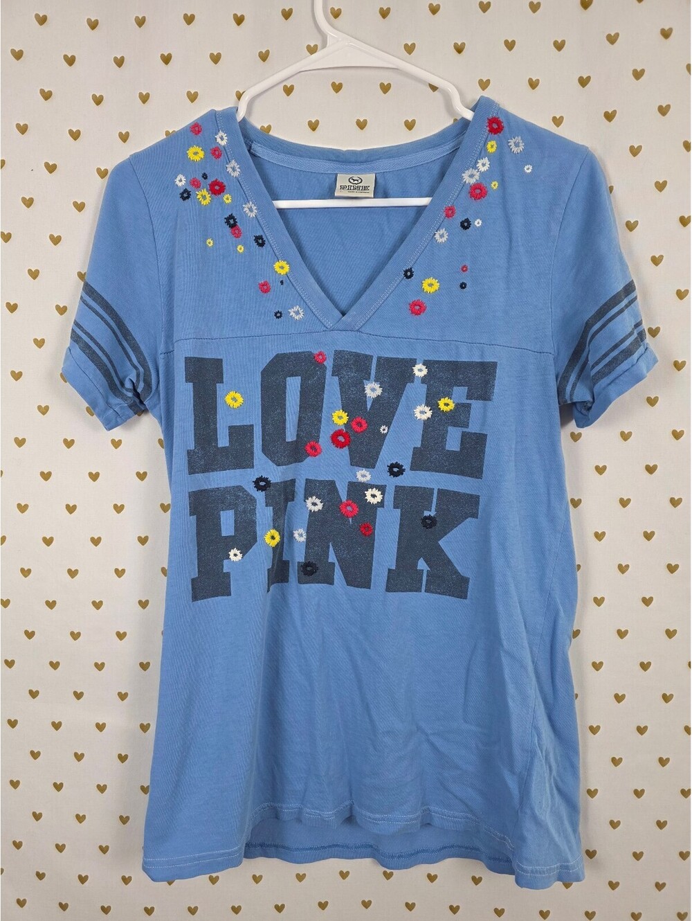 Victorias Secret PINK Vintage Y2k blue v neck embroidered Love tee shirt Large